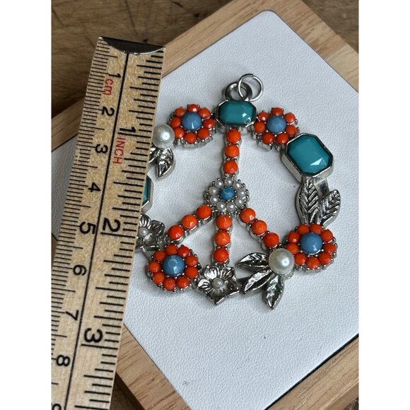 Metallic Floral Peace Sign Pendant With Orange & Turquoise Beads Faux Pearls & S - Picture 3 of 5
